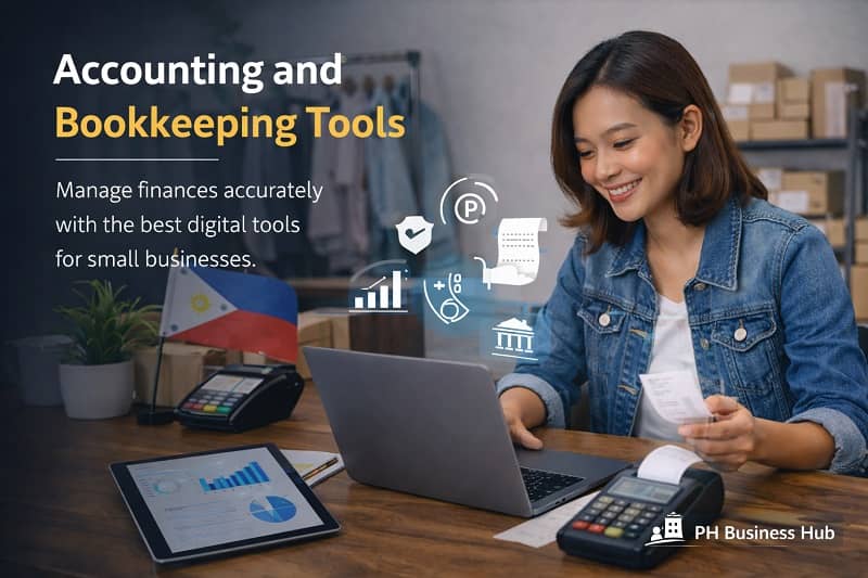 Filipino small business owner using accounting and bookkeeping tools on a laptop with receipts and financial reports in a Philippine workspace