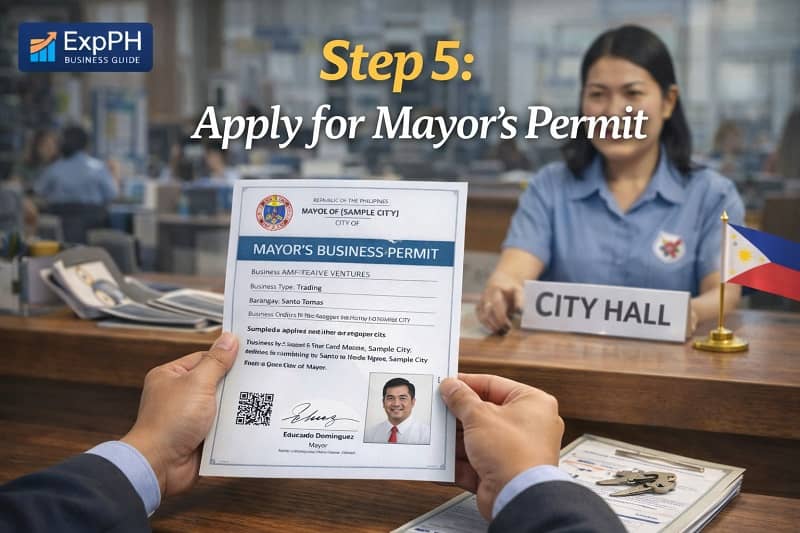 Step 5 apply for mayor’s permit in the Philippines showing entrepreneur receiving mayor’s business permit at city hall with ExpPH Business Guide logo