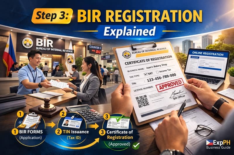BIR registration certificate and taxpayer ID at Philippine Bureau of Internal Revenue office with ExpPH Business Guide logo