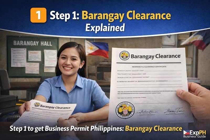 Barangay clearance document being issued at a Philippine barangay hall with ExpPH Business Guide logo
