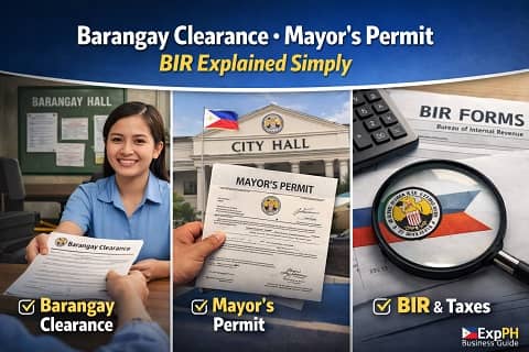 Philippine business permit process showing barangay clearance, mayor’s permit at city hall, and BIR registration documents with ExpPH Business Guide logo