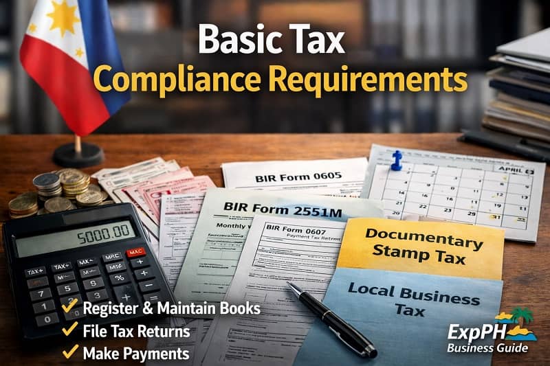 Basic tax compliance requirements in the Philippines showing BIR forms, calculator, receipts, and Philippine peso currency on a business desk