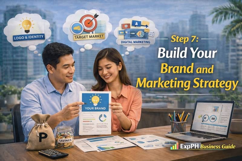 Filipino entrepreneurs developing a brand identity and marketing strategy using charts branding materials and digital marketing tools