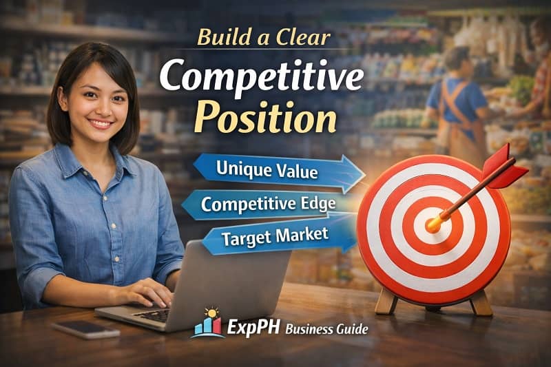 Filipino entrepreneur working on a laptop with target board symbolizing how to build a clear competitive position in the Philippine market