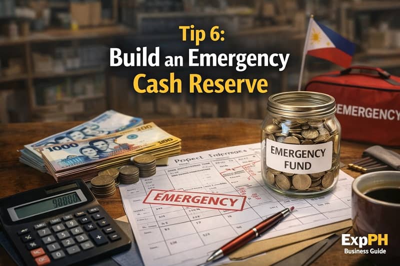 Emergency cash reserve concept for small businesses showing Philippine peso bills, savings jar labeled emergency fund, calculator, and financial planning documents on a business desk