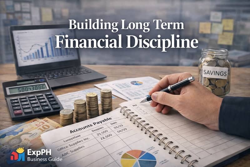 Filipino small business owner reviewing financial records and savings while tracking business finances at a desk