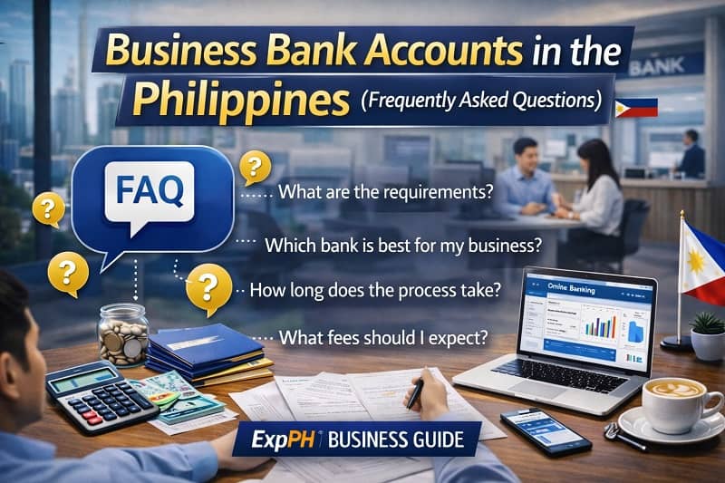Business Bank Accounts in the Philippines Frequently Asked Questions with FAQ icons, Philippine office setting, and online banking dashboard