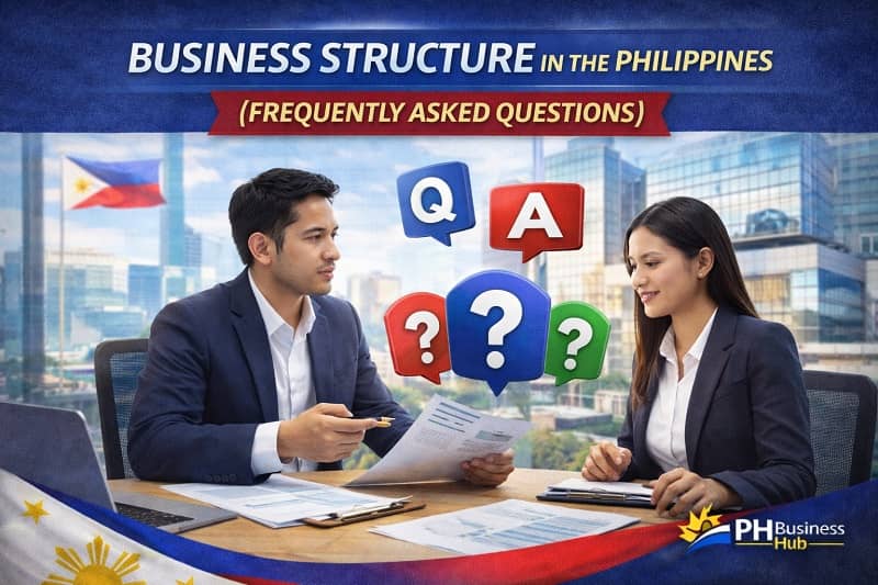 Filipino professionals discussing business structure in the Philippines with FAQ and question icons in a modern office setting