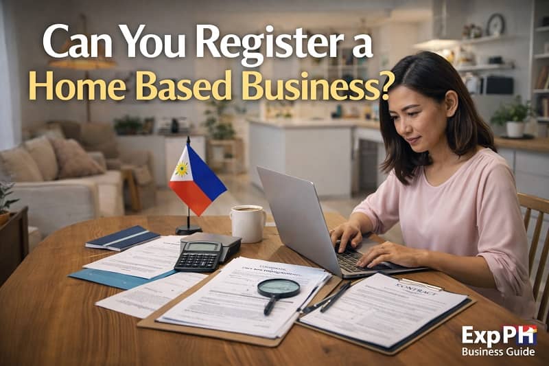 Filipino entrepreneur working from home with laptop and business permit documents in a Philippine home office