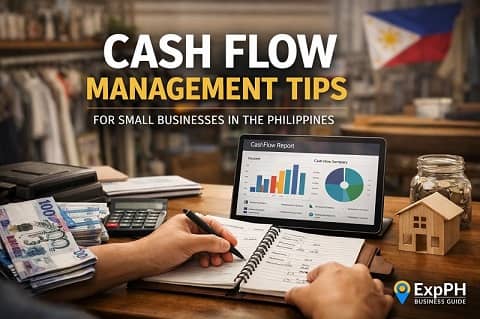 Cash flow management setup in a Philippine small business showing peso bills, calculator, financial report on tablet, and ExpPH Business Guide logo