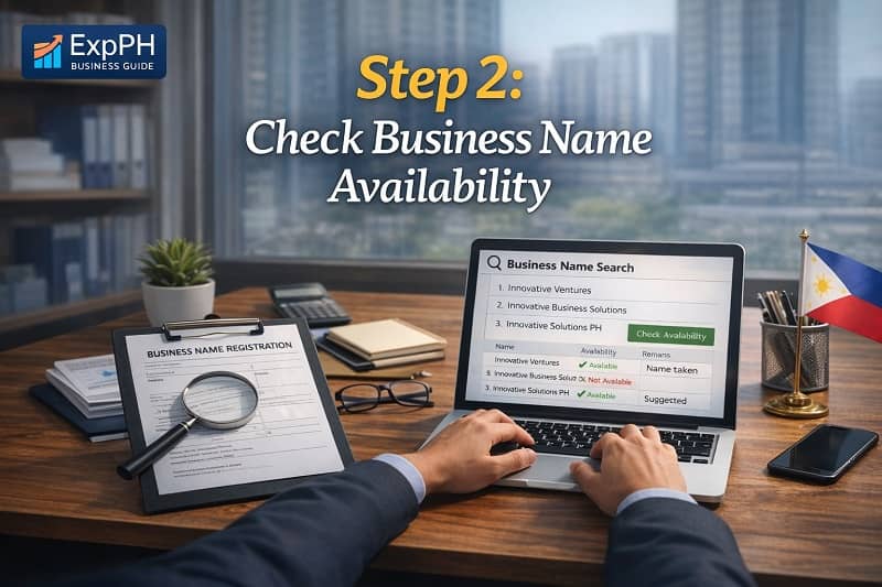 Step 2 check business name availability in the Philippines showing entrepreneur searching business name on laptop with ExpPH Business Guide logo