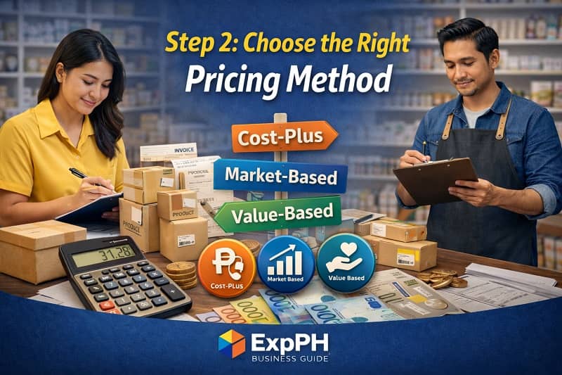 Filipino business owners selecting pricing method with cost plus market based and value based options in a Philippine retail setting