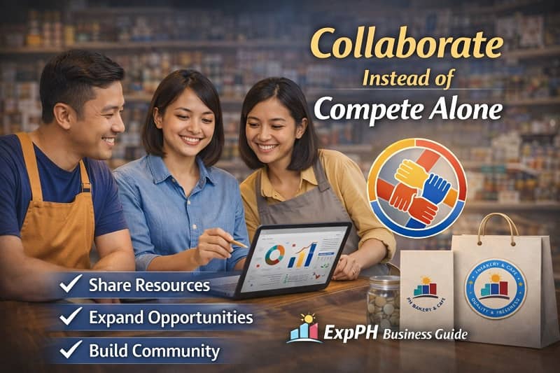 Filipino small business owners collaborating at a table with laptop, representing partnership and collaboration in the Philippine business environment