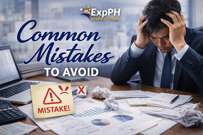 Business owner reviewing financial documents and reports on a desk showing common business banking mistakes with ExpPH Business Guide logo