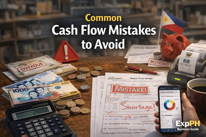 Small business cash flow mistakes concept showing Philippine peso bills, unpaid invoices, calculator, and financial warning notes on a business desk