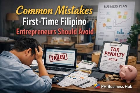 Frustrated Filipino entrepreneur reviewing financial documents and tax penalty notice in office representing common first-time Filipino entrepreneur mistakes