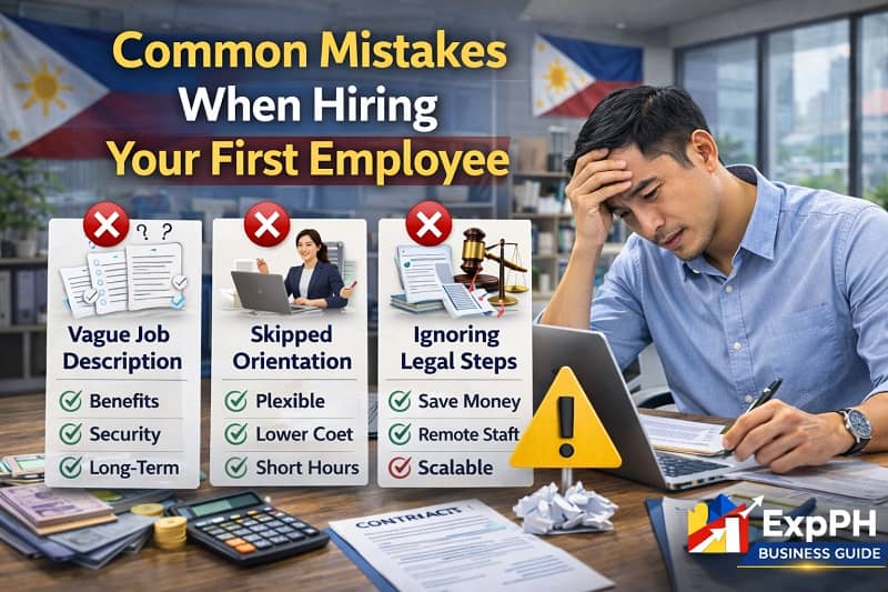 Filipino business owner stressed while reviewing hiring documents highlighting common mistakes when hiring a first employee