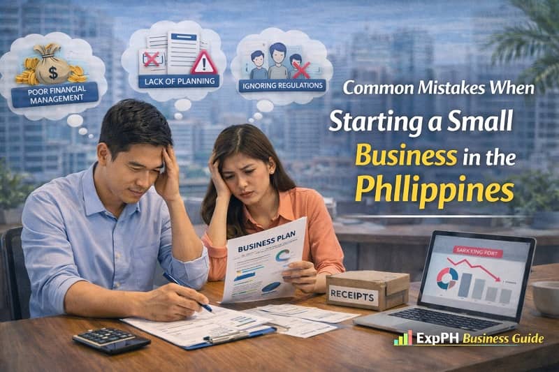 Filipino entrepreneurs reviewing financial documents and business plans while facing common mistakes when starting a small business in the Philippines