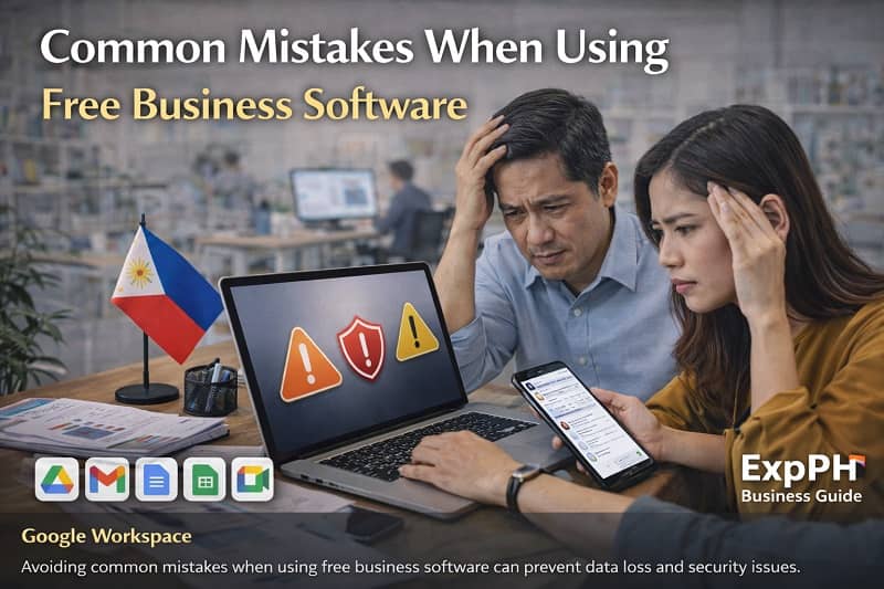 Filipino entrepreneurs reviewing business software on a laptop with warning icons indicating common mistakes
