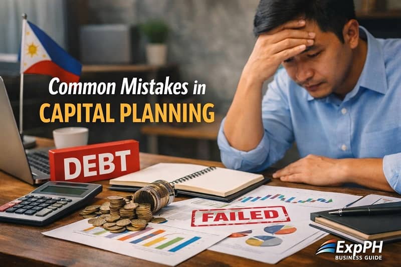 Filipino entrepreneur stressed over financial documents showing common mistakes in capital planning