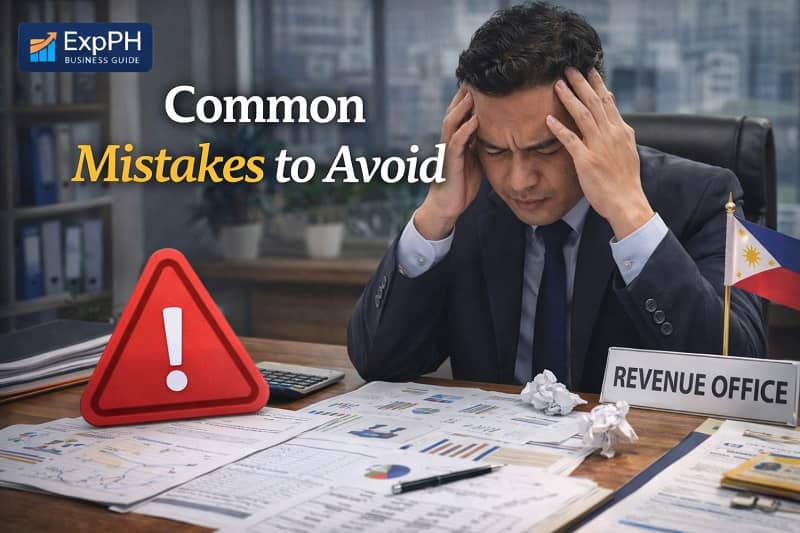 Common mistakes to avoid when registering a business in the Philippines showing entrepreneur reviewing documents with warning icons and ExpPH Business Guide logo