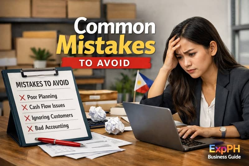 Filipina small business owner stressed while reviewing common business mistakes checklist in a Philippine office setting, featured image for Common Mistakes to Avoid guide by ExpPH Business Guide.
