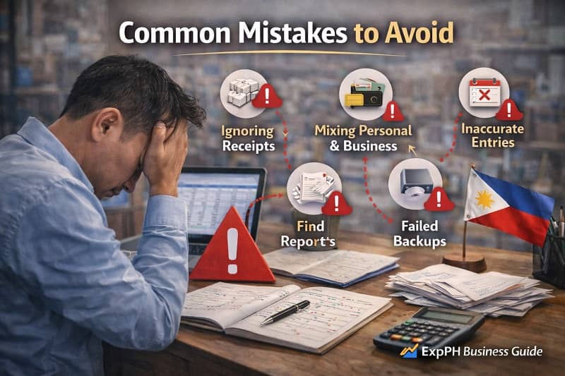 Filipino small business owner stressed over disorganized receipts and financial records in a Philippine office setting