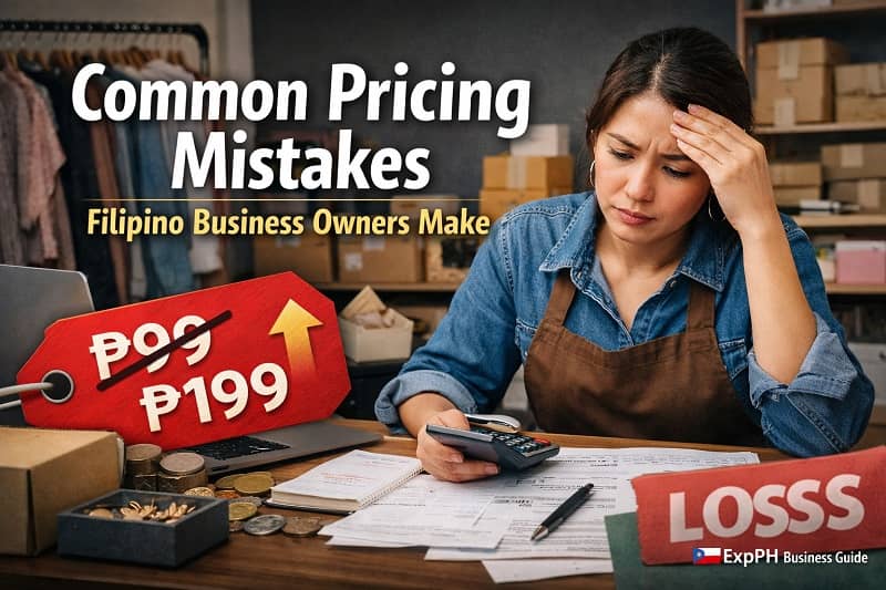 Filipino business owner calculating product prices while reviewing receipts and costs, illustrating common pricing mistakes in small businesses in the Philippines