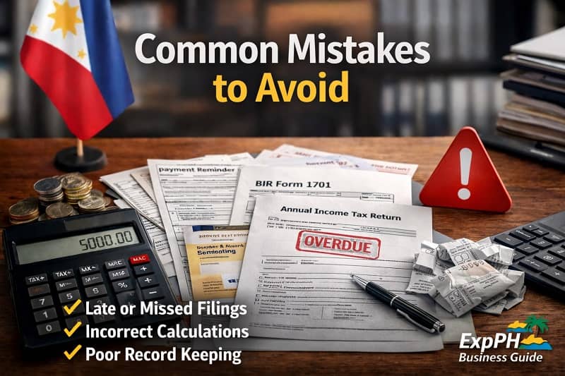 Common tax mistakes to avoid in the Philippines showing overdue tax forms, calculator, receipts, and warning symbol on a business desk