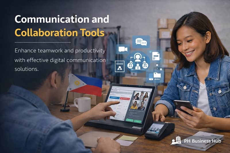 Filipino business team using digital communication and collaboration tools on laptop and smartphone in a modern office