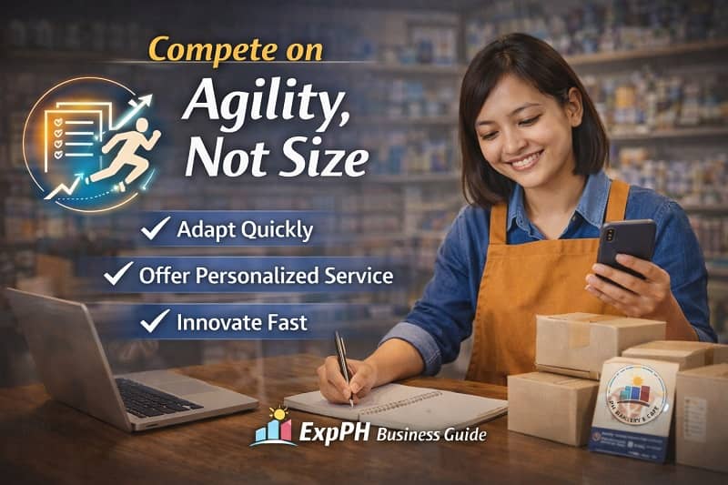 Filipino small business owner managing online orders and inventory to compete on agility, not size