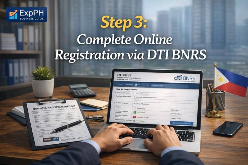 Step 3 complete online registration via DTI BNRS showing entrepreneur registering business online in the Philippines with ExpPH Business Guide logo