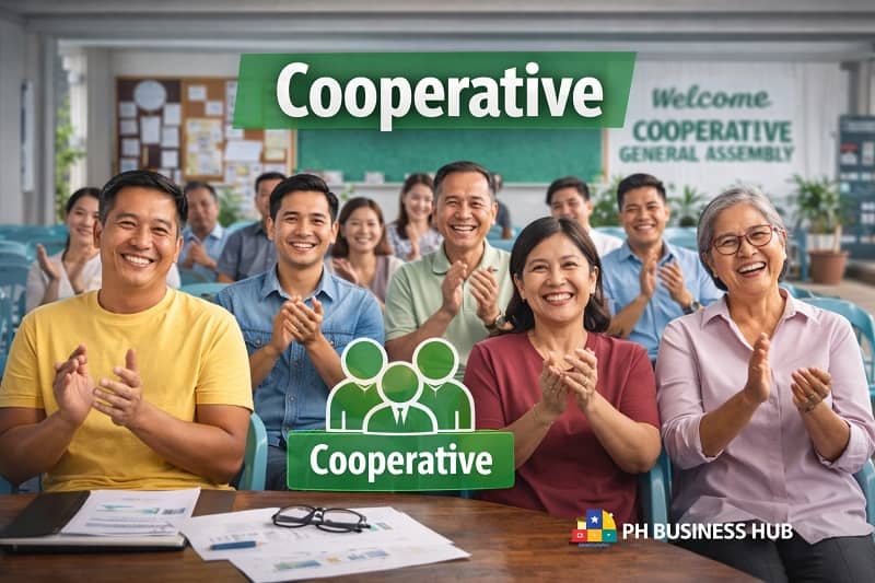Group of Filipino cooperative members meeting in a community setting representing a cooperative business structure in the Philippines.