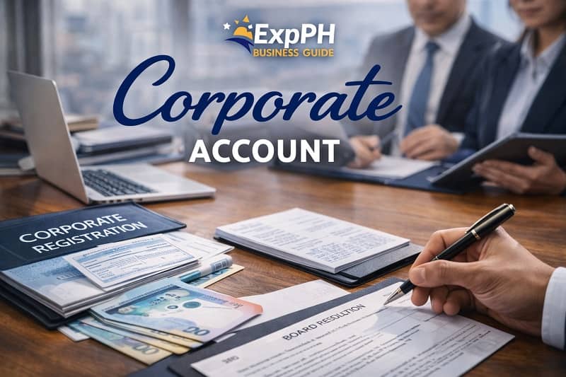 Corporate bank account setup with business documents Philippine peso money laptop and financial papers on an office desk with ExpPH Business Guide logo