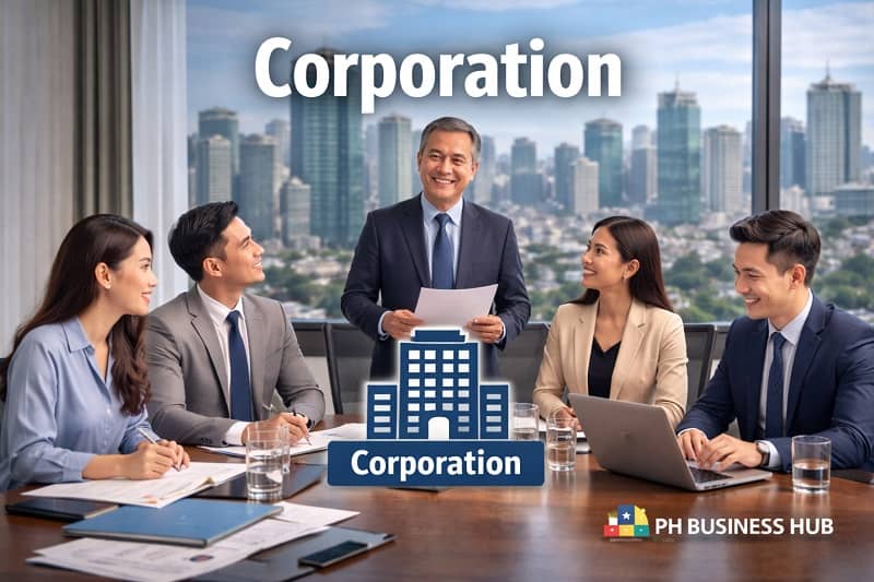 Corporate boardroom meeting in a Philippine office representing a corporation business structure with directors discussing company strategy.