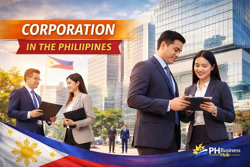 Filipino corporate professionals outside a modern office building representing corporation in the Philippines