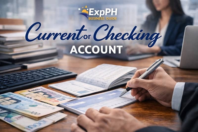 Business checking account with checkbook Philippine peso cash calculator and laptop on an office desk with ExpPH Business Guide logo