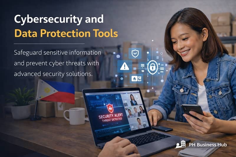Filipino business owner using laptop with cybersecurity and data protection icons in a modern Philippine office