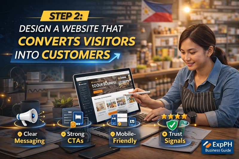 Filipino small business owner designing a mobile friendly website with clear call to action and trust signals on a laptop