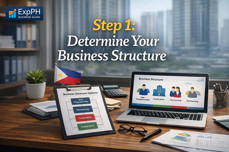 Step 1 determine your business structure in the Philippines showing sole proprietorship partnership corporation and cooperative options on a business desk with ExpPH Business Guide logo