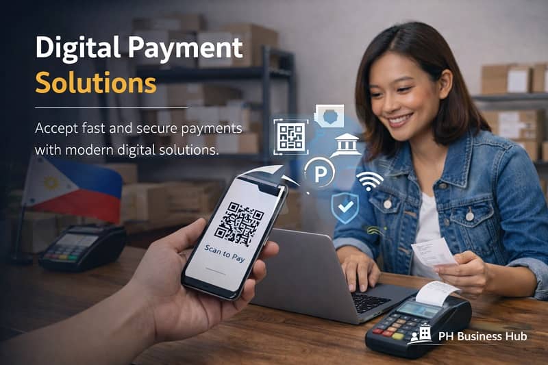 Filipino small business owner accepting digital payment using smartphone and POS terminal in a modern Philippine store