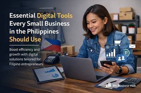 Filipino small business owner using laptop and smartphone with digital tools icons in a Philippine workspace for business growth
