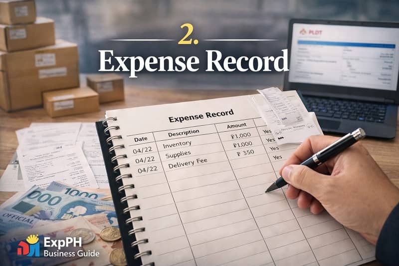 Small business owner in the Philippines recording expenses in a notebook with receipts, calculator, and Philippine peso bills on a desk