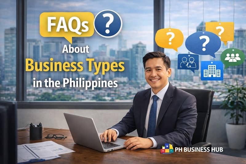 Filipino business professional in a modern office with text overlay about FAQs on business types in the Philippines.