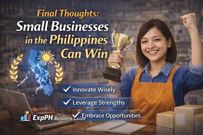 Confident Filipino small business owners standing inside a local shop symbolizing that small businesses in the Philippines can win