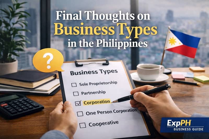 Entrepreneur reviewing business types in the Philippines on a checklist including sole proprietorship partnership corporation OPC and cooperative