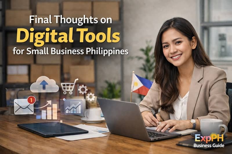Filipina entrepreneur using digital tools on a laptop and tablet in a Philippine office, representing final thoughts on digital tools for small business Philippines.