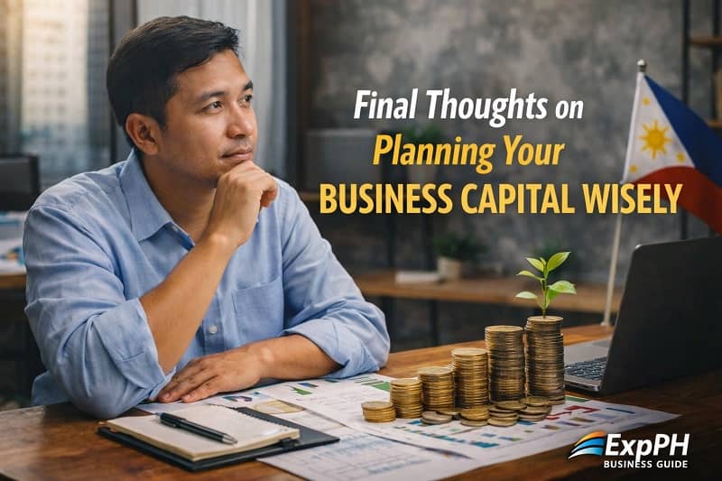 Filipino entrepreneur reviewing financial plans and budgeting documents for smart business capital planning