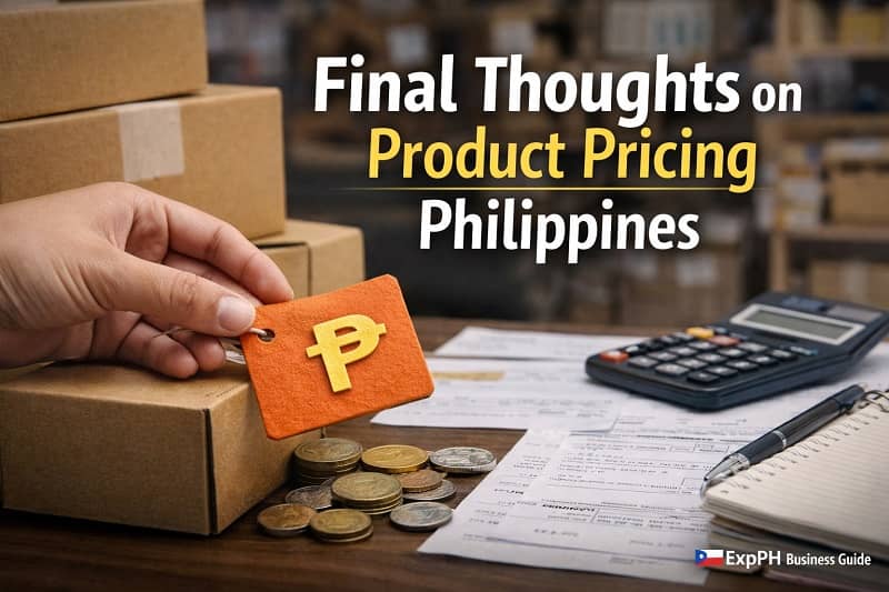 Hand placing a price tag with Philippine peso symbol on a product box beside coins, receipts, and a calculator representing product pricing decisions in the Philippines