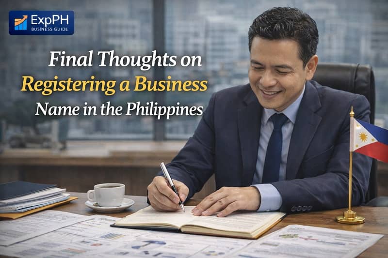 Entrepreneur reviewing completed business registration documents in the Philippines representing final thoughts on registering a business name with ExpPH Business Guide logo